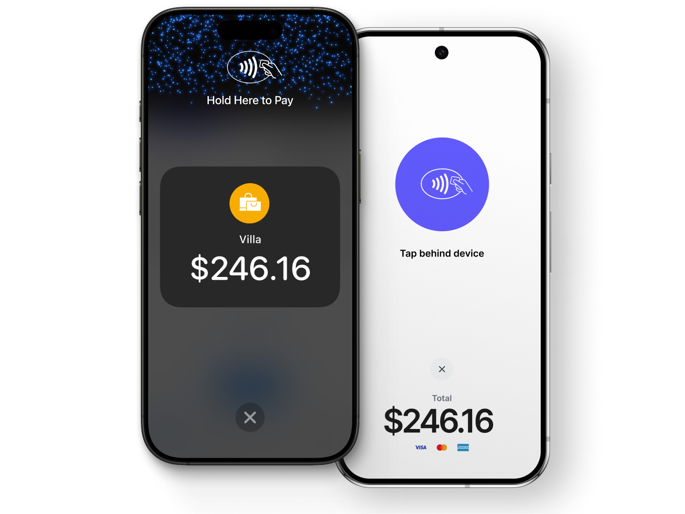 An iPhone and an Android phone each with a tap to pay prompt on their screens.